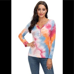 🆕 Trendy Cool Tie Dye ribbed LS Henley Top